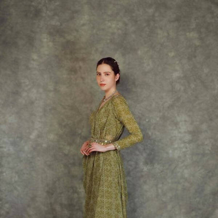 OLIVE GREEN PRINTED DRAPE SHARARA SET WITH EMEBROIDERED BLOUSE