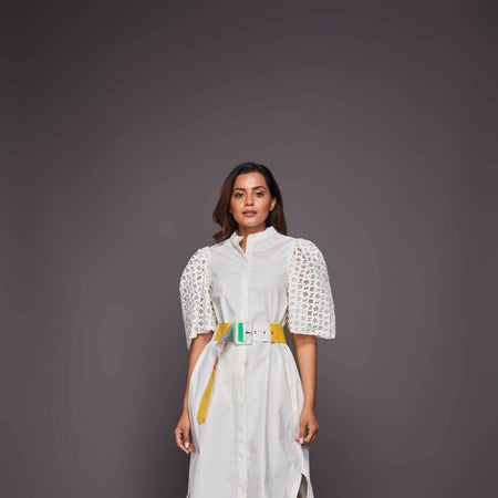 Cotton shirt dress with cutwork sleeves