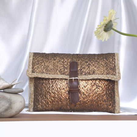 Foil printed braided jute handcrafted flapover clutch