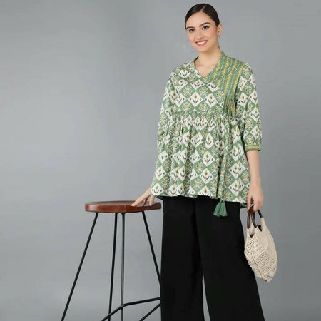 Green Cotton Printed Flared Tunic