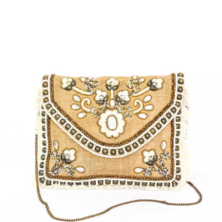 BROWN AND WHITE HANDCRAFTED JUTE SLING BAG