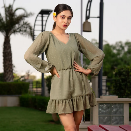 Olive wrap ruffle dress