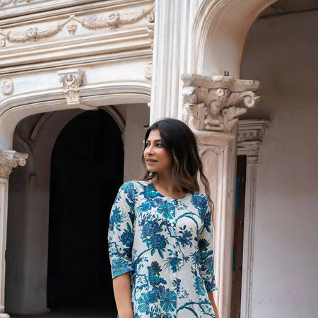 MISHRI FLORAL KALI KURTA WHITE & BLUE