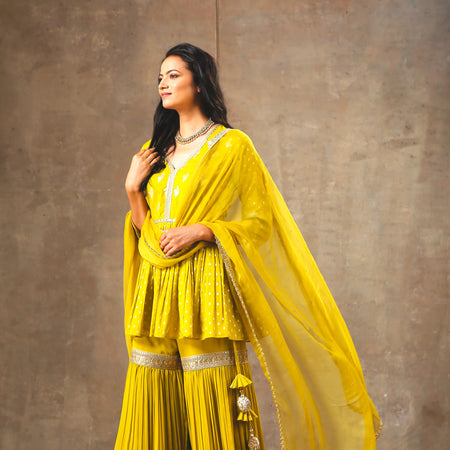 Olive Yellow Color Peplum Kurta with Gharara And Dupatta