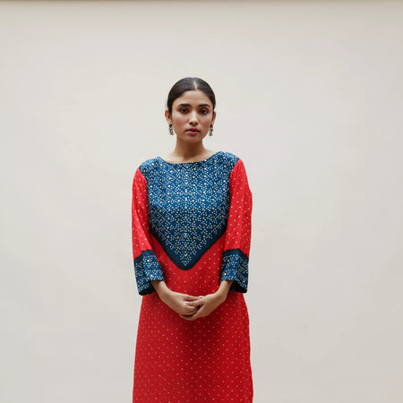 Blue Yoke Red Bandhani on Silk Kurta
