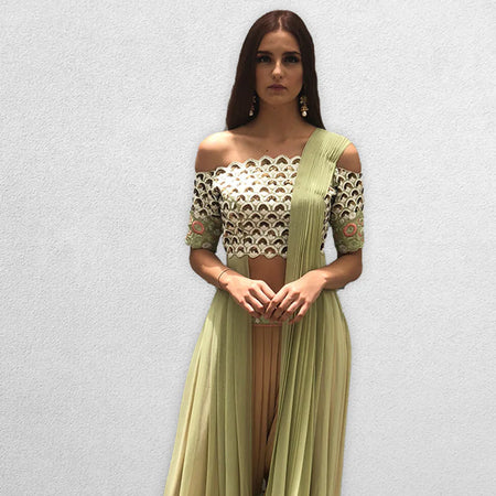 Peach and Mint Green Dhoti Salwar offsholder Top