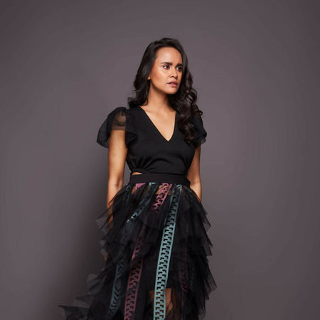 V NECK RUFFLED DRESS WITH CUTWORK