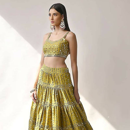 Olive Yellow Embroidered Lehenga Set
