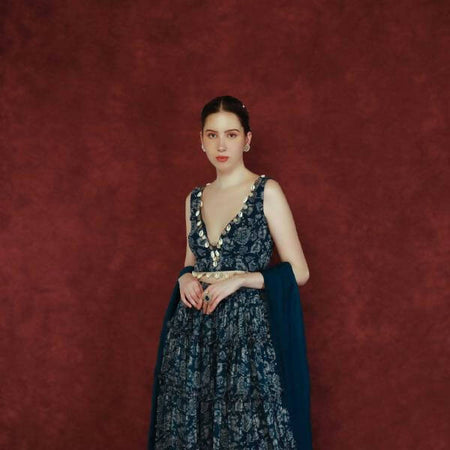 Dark Blue Printed Lehenga Set